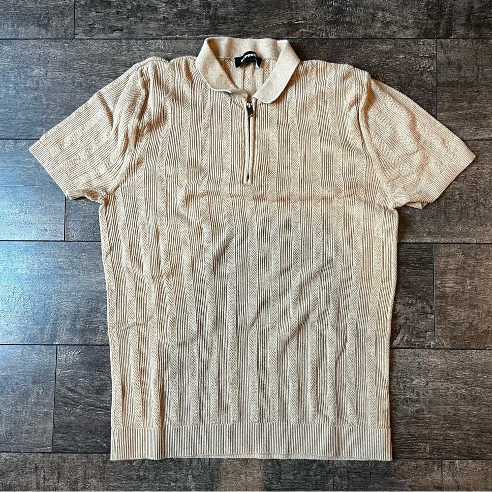 Brown / beige cotton knit ribbed collared short-sleeve polo